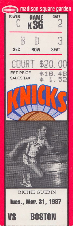 1987 New York Knicks vs. Boston Celtics Basketball Ticket Stub Art 